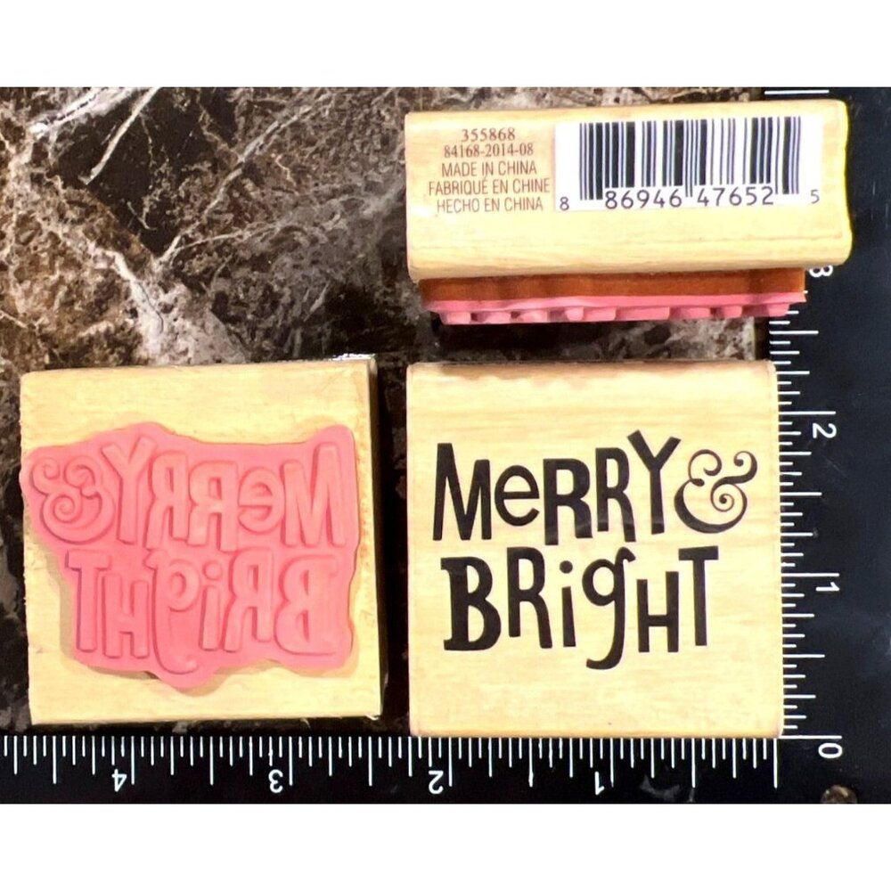 2014 Craftsmart Wood Mounted Rubber Stamp "Merry & Bright" 355868